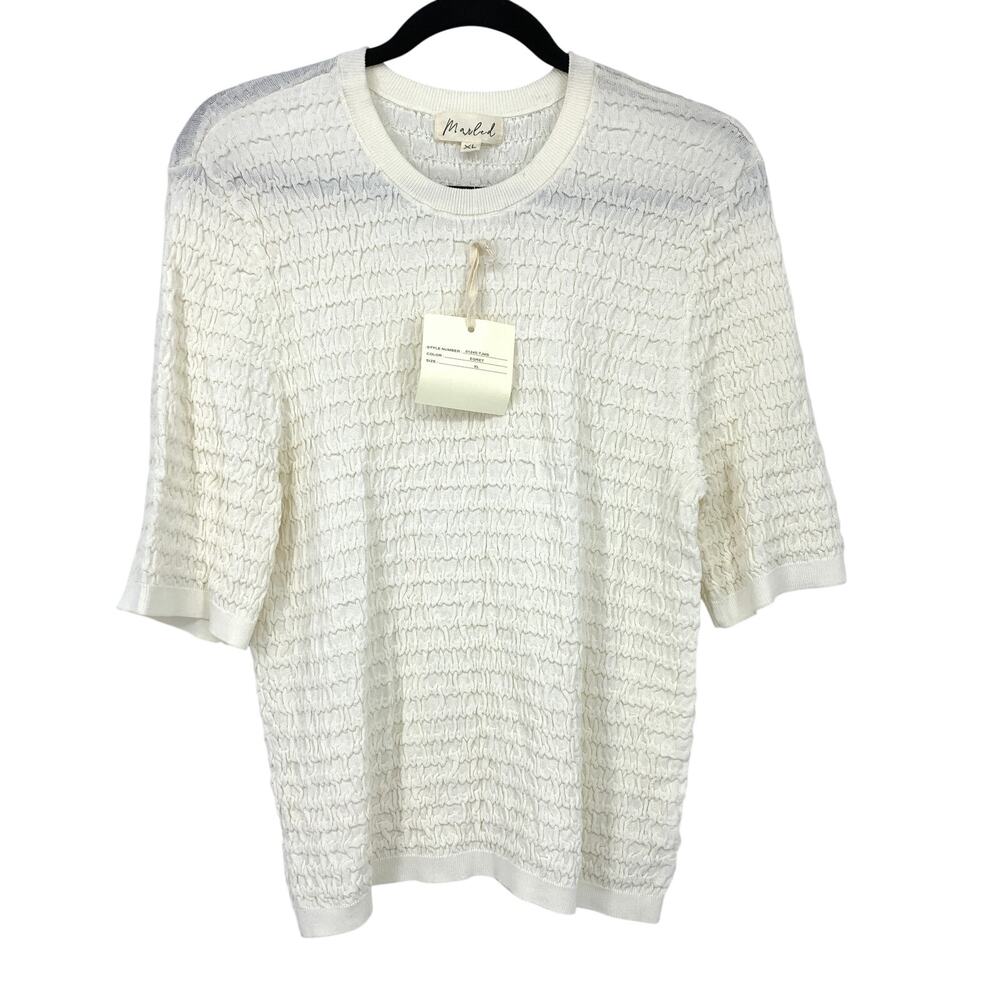 Marled Short Sleeve Sweater Top Womens Size XL Cream Smocked Knit Crew Neck NEW